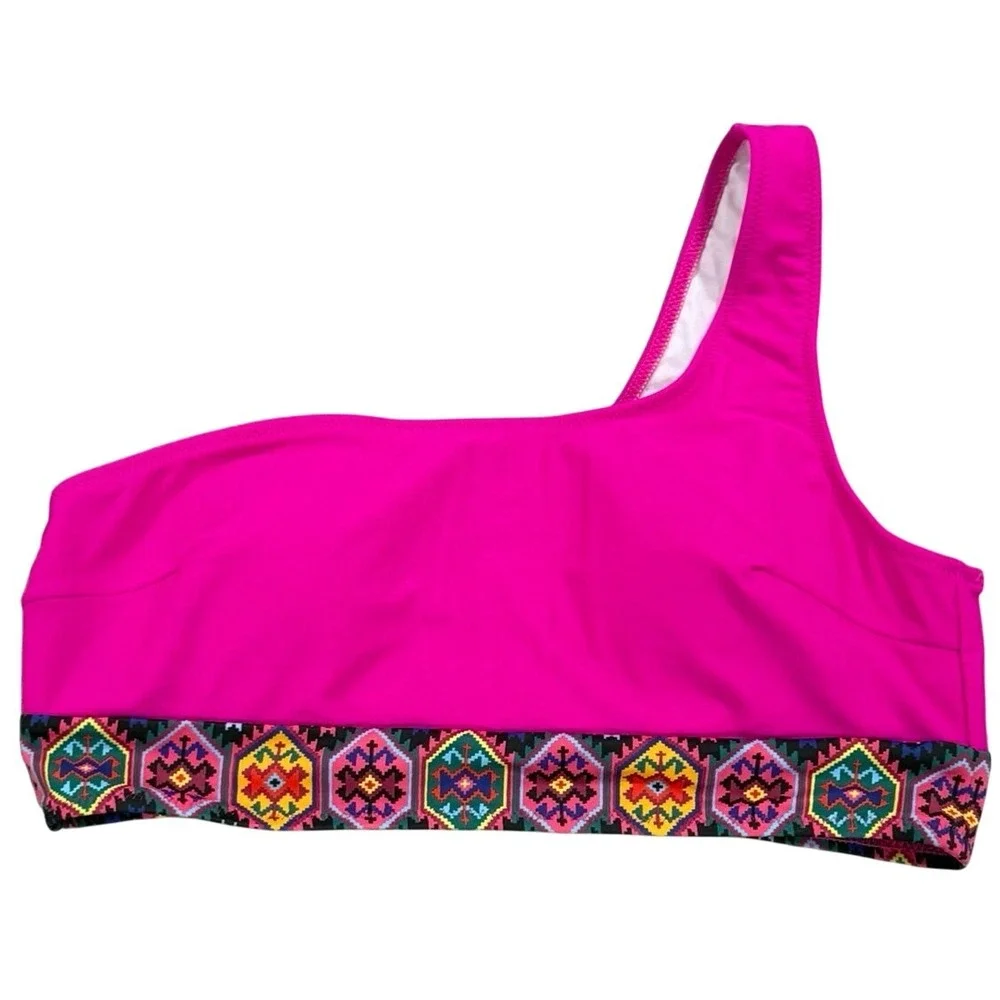 Hilinker One Shoulder Bikini Set Pink Tribal Trim High Waisted Large‎